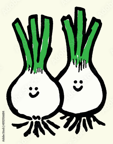 Spring Green Onion Vegetable Cute Cartoon Doodle Asian Healthy Food Vector Illustration
