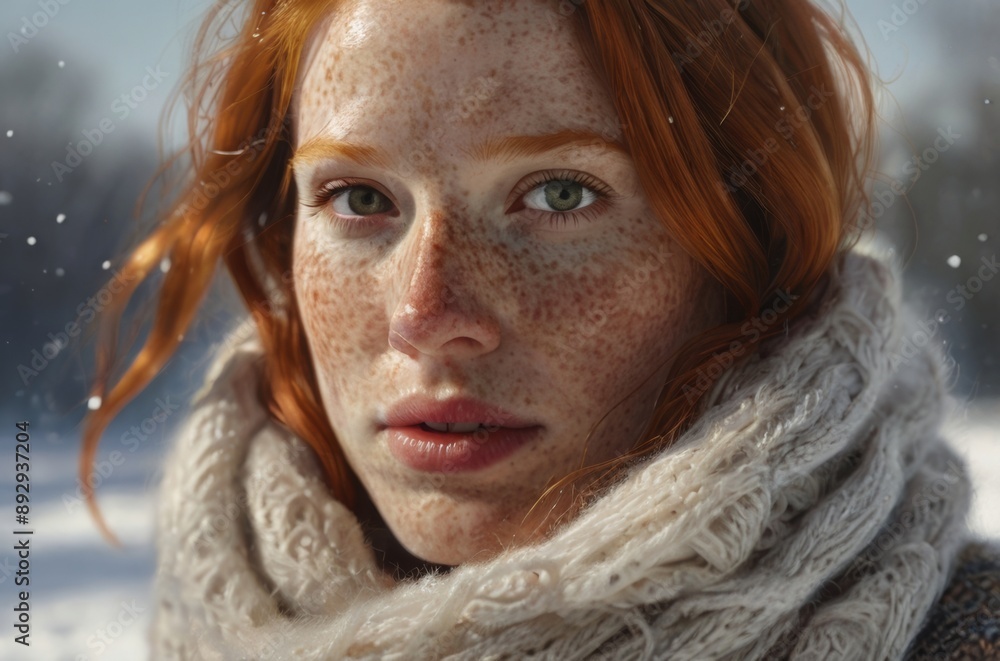 redhead freckled woman in snow, face behind wooly scarf, face closeup redhead freckled woman in snow, face behind wooly scarf, face closeup
