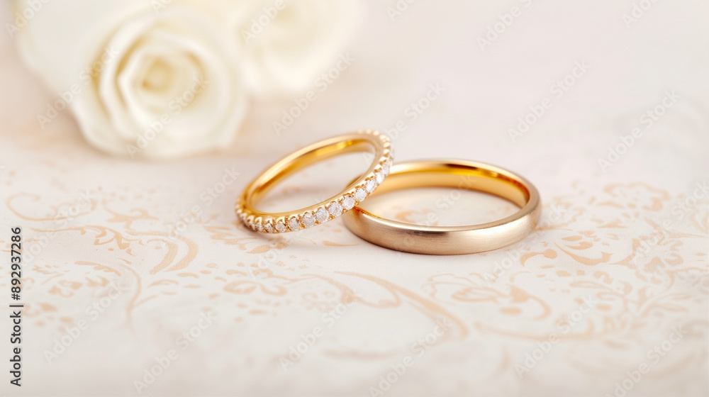 Wedding rings elegantly placed on a delicate fabric. The gold wedding ring shines alongside a diamond-studded band showcasing timeless love. Ideal for wedding photography and romantic occasions Wedding rings elegantly placed on a delicate fabric. The gold wedding ring shines alongside a diamond-studded band showcasing timeless love. Ideal for wedding photography and romantic occasions