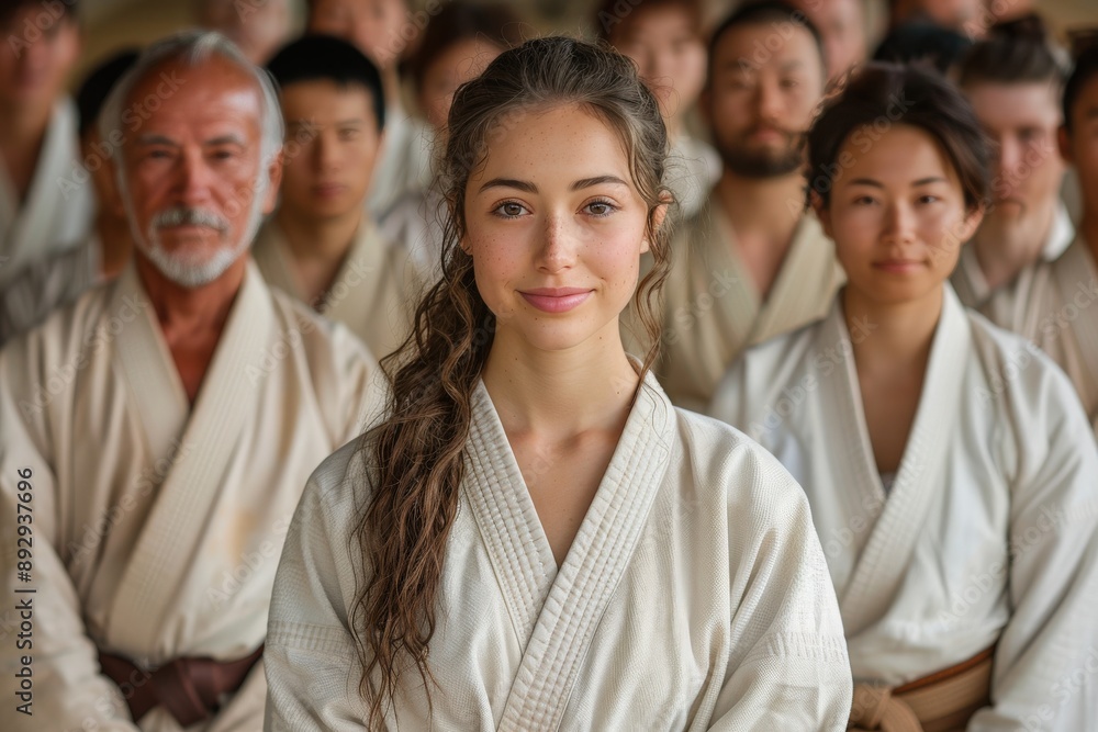 A dedicated martial artist in a white uniform stands confidently among a group of practitioners during a training session, capturing the essence of discipline, focus, and camaraderie. A dedicated martial artist in a white uniform stands confidently among a group of practitioners during a training session, capturing the essence of discipline, focus, and camaraderie.