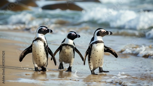 Three penguins stroll close together on a beach near the breaking waves, with rocky formations in the background, capturing a serene moment of togetherness and exploration.