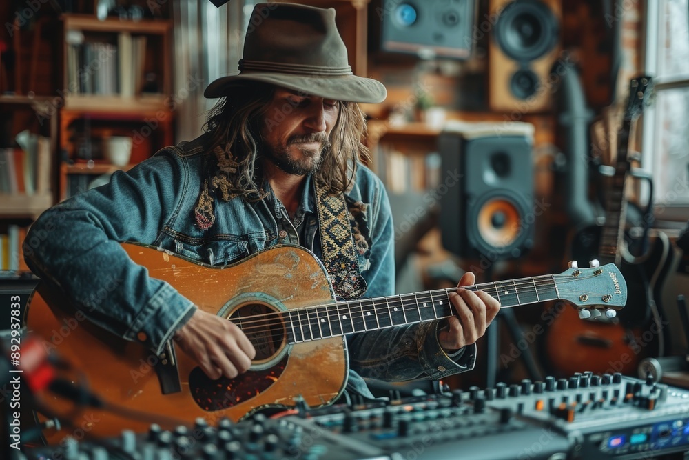 Obraz premium A musician absorbed in playing an acoustic guitar within a cozy, well-equipped studio, highlighting the passion, creativity, and intimate atmosphere of music creation.