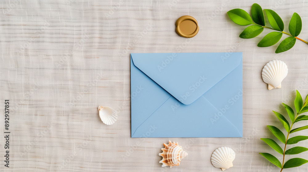 Envelope on the Beach with Shells and Green Leaves. A Blue Envelope Surrounded by Seashells Evoking Coastal Vibes and Natural Beauty Envelope on the Beach with Shells and Green Leaves. A Blue Envelope Surrounded by Seashells Evoking Coastal Vibes and Natural Beauty