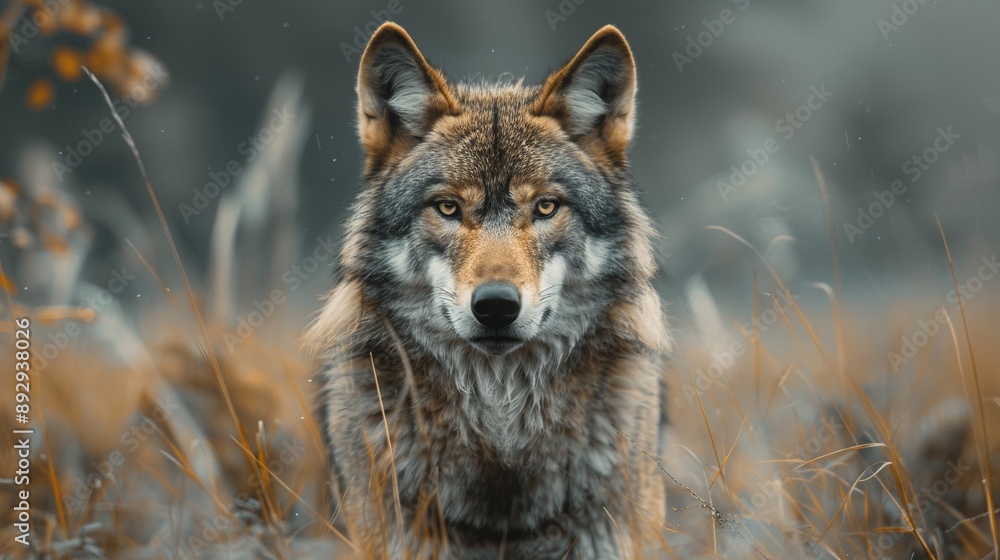 Obraz premium A mesmerizing photo of a wild wolf intensely gazing amid fall forest foliage, perfectly capturing the essence of nature's raw beauty and the untamed wilderness. Great for nature art lovers.