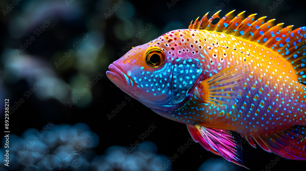 A vibrant fish with blue, green, and pink spots swimming in clear water. A vibrant fish with blue, green, and pink spots swimming in clear water.