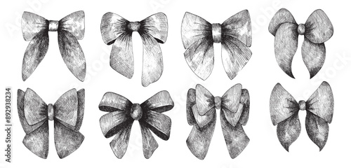 Set of hand drawn ink ribbon bows. Collection engraved bow knots. 