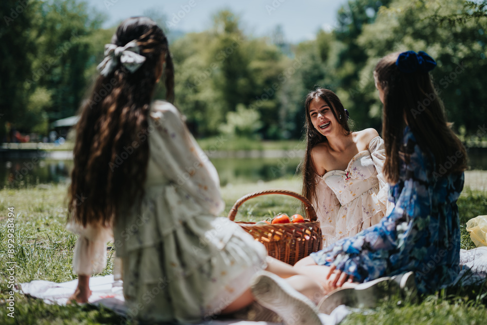 Obraz premium Four sisters enjoying a sunny day outdoors, sharing laughter and moments of togetherness during a family picnic in the park.