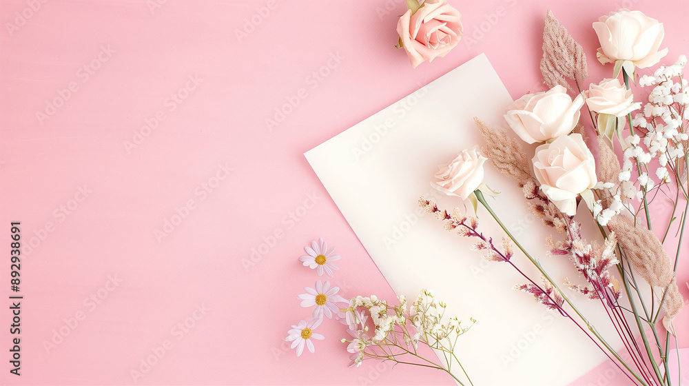 Delicate Floral Arrangement with Pink Flowers and Greenery on a Soft Pink Background. Beautiful Bouquet Display with Paper for Creative Designs Delicate Floral Arrangement with Pink Flowers and Greenery on a Soft Pink Background. Beautiful Bouquet Display with Paper for Creative Designs