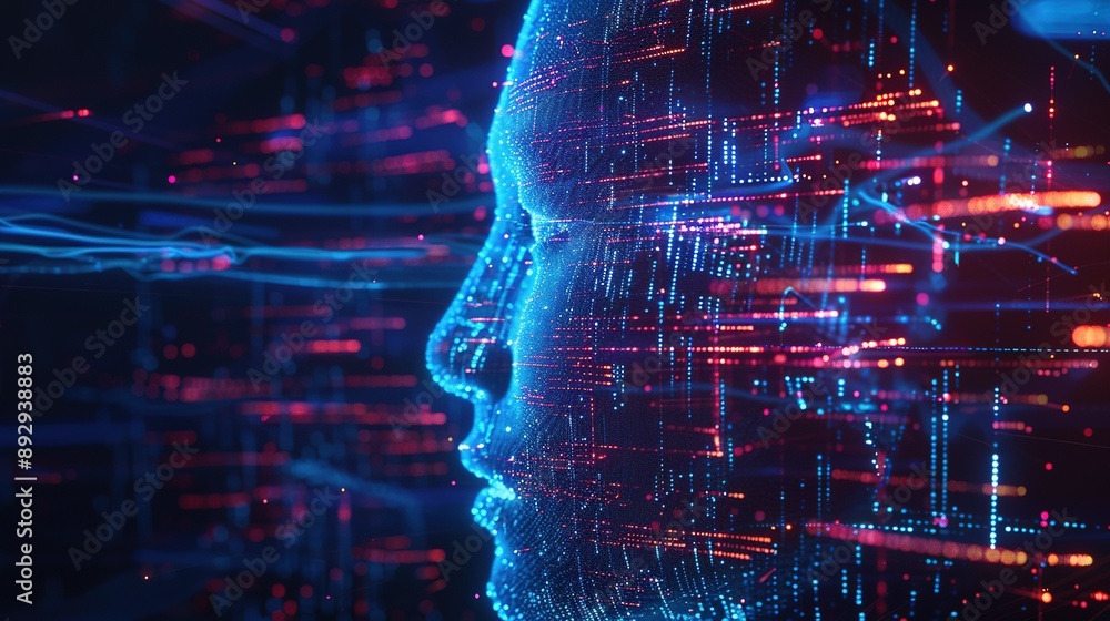 Futuristic AI Computer Head with Glowing Lines and Data Side Profile Futuristic AI Computer Head with Glowing Lines and Data Side Profile