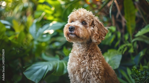 A cute brown toy poodle sits in a lush green garden, looking up at something with interest. © Farm