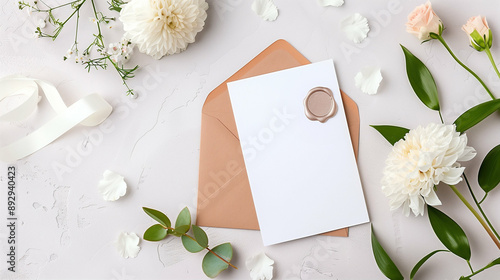 Envelope and Floral Arrangement with Wedding Invitation. Beautiful Flowers and Elegant Design in Soft Color Palette for Special Occasions