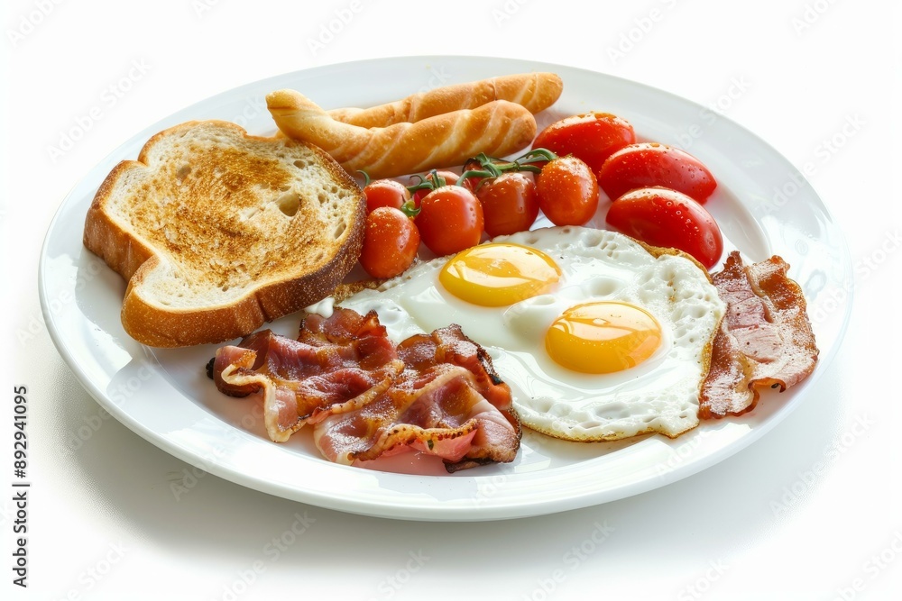 Delicious breakfast with crispy bacon, fried eggs, toast, tomatoes, and a croissant on a white plate Delicious breakfast with crispy bacon, fried eggs, toast, tomatoes, and a croissant on a white plate