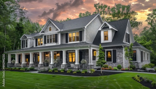 Professional real estate sunset view of a luxury home with a spacious front porch, grey shingle walls, white stone accents, black shutters, lush green yard, and trees.