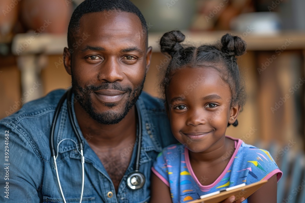 A father with a stethoscope around his neck smiles warmly while holding his young daughter who is also smiling and holding a tablet, signifying happiness and bonding. A father with a stethoscope around his neck smiles warmly while holding his young daughter who is also smiling and holding a tablet, signifying happiness and bonding.