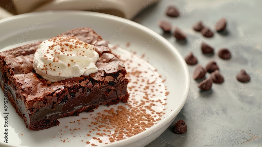 Chocolate brownie topped with whipped cream and cocoa powder on white plate Chocolate brownie topped with whipped cream and cocoa powder on white plate