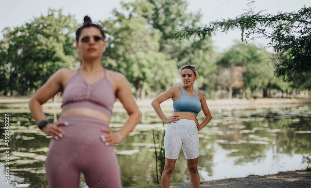 Two women exercising together outdoors in a park near a pond, emphasizing fitness, health, and well-being. Two women exercising together outdoors in a park near a pond, emphasizing fitness, health, and well-being.