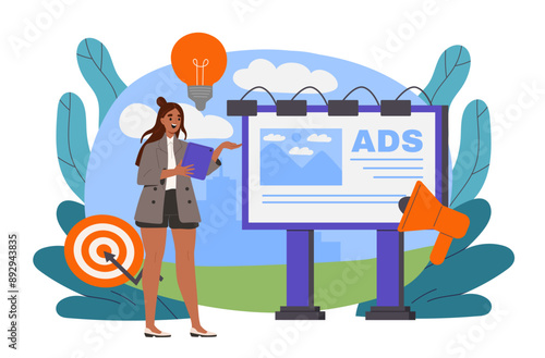 Woman with advertising billboard. Young girl in suit near large banner with outdoor advertising. Company or organization promotion. Commercial text at street. Flat vector illustration