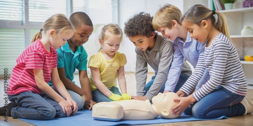 Pediatric first aid training concept image featuring a group of children learning CPR and bandaging techniques , children