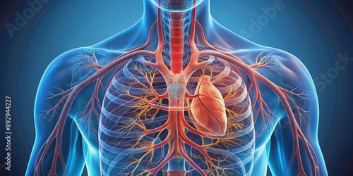 of human heart with vessels, lungs, bronchial tree and cut rib cage, anatomy