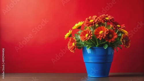 Vibrant red and yellow flowers in blue pot against red background, vibrant, arrangement, red, yellow, flowers, blue