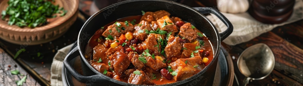 A person is holding a large pot of chili with lots of vegetables and meat. The pot is filled with a variety of ingredients, including beans, carrots, and peppers A person is holding a large pot of chili with lots of vegetables and meat. The pot is filled with a variety of ingredients, including beans, carrots, and peppers
