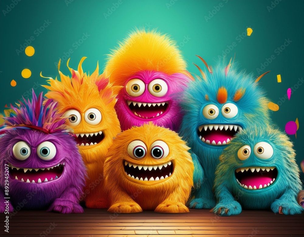 Obraz premium A group of colorful monsters with big teeth are smiling for the camera