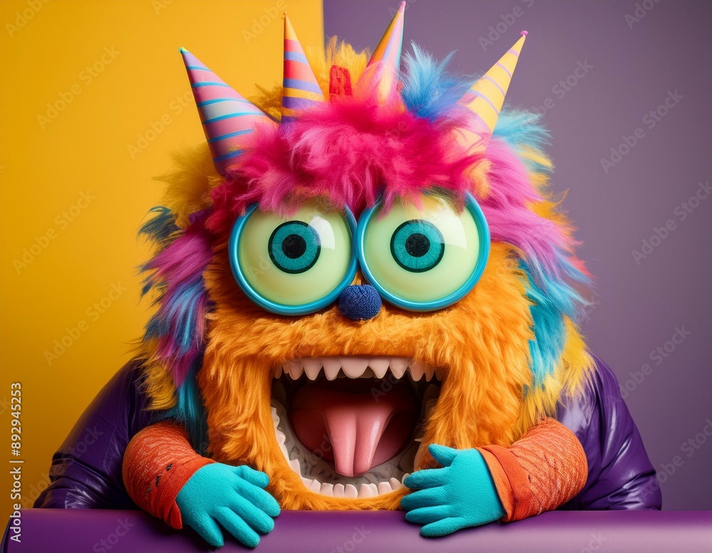 A colorful monster with a mouth wide open and a tongue sticking out A colorful monster with a mouth wide open and a tongue sticking out