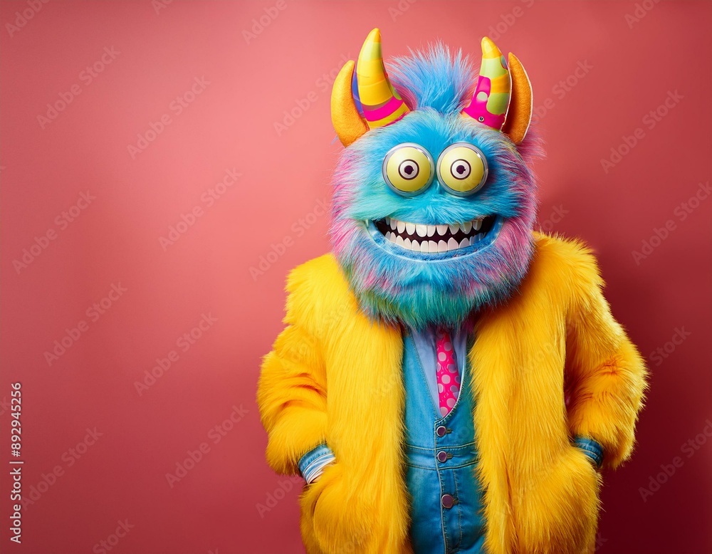 A monster with a big smile on its face is wearing a yellow jacket A monster with a big smile on its face is wearing a yellow jacket