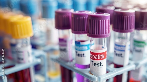 Blood test tubes, labeled for hepatitis testing, in rack photo