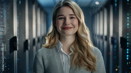 Smiling Blonde Woman in Data Center Surrounded by Blue Server Lights and Technology