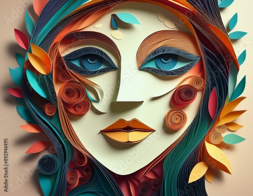 A colorful paper cutout of a woman's face with a leafy design © Elit studio