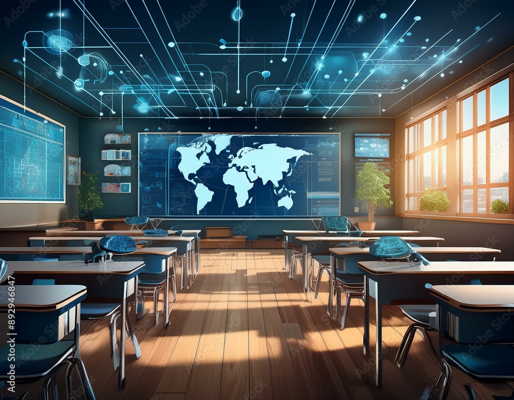 A classroom with a large screen showing a map of the world A classroom with a large screen showing a map of the world