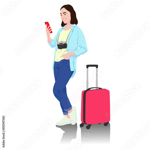 Young woman tourist with camera and smartphone. Girl in casual clothes with a suitcase. Female traveler goes on a journey. Vector illustration isolated on white