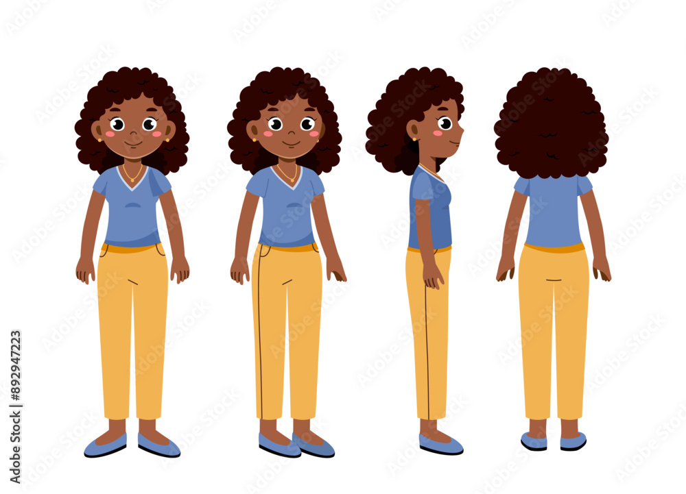 African woman set. Adult in casual clothes. Pack of characters in different viewing angles. Design elements for creating animations. Flat vector collection isolated on white background African woman set. Adult in casual clothes. Pack of characters in different viewing angles. Design elements for creating animations. Flat vector collection isolated on white background