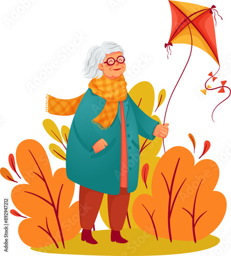 Elderly woman flying a kite, vector illustration in flat style. Cozy autumn illustration of an elderly woman having fun in her free time. A fun life after retirement.