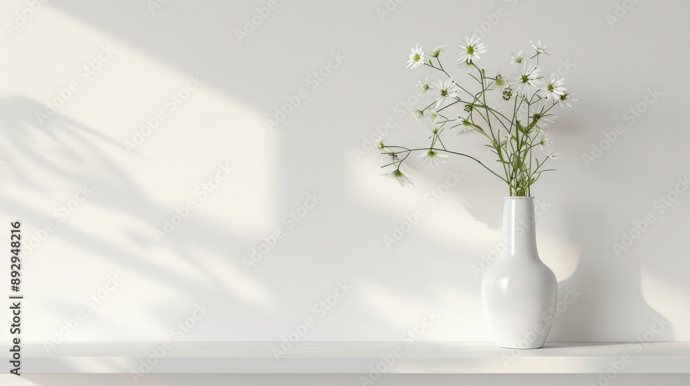 Flower vase on shelf against white wall Flower vase on shelf against white wall