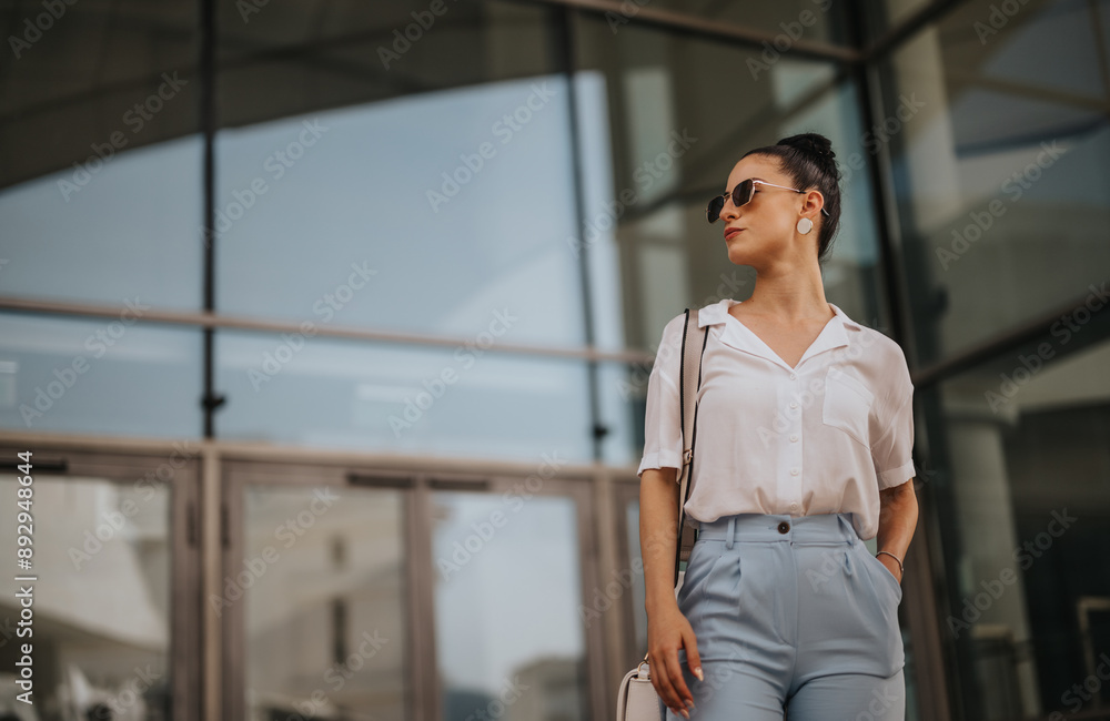 Confident woman with sunglasses standing outside a modern urban building, exuding professionalism and style.