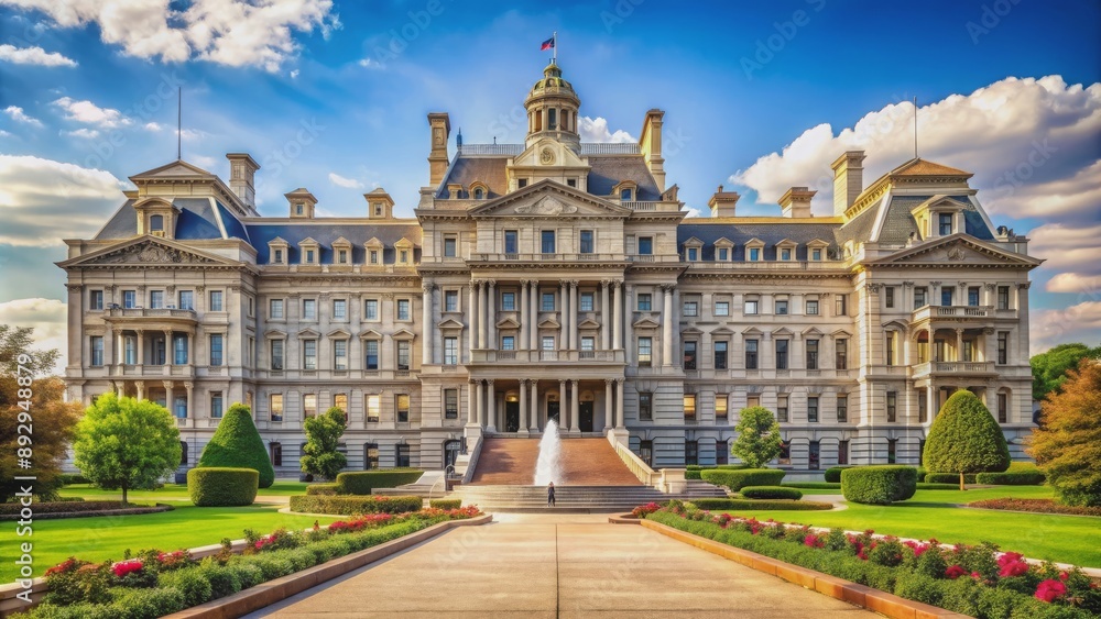 Iconic government building with grand architecture and lush landscaping, parliament house, politics, government Iconic government building with grand architecture and lush landscaping, parliament house, politics, government