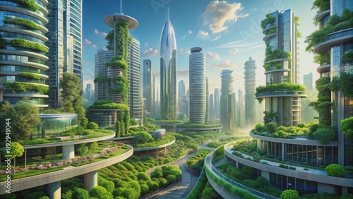 Futuristic green cityscape with lush vegetation and high-tech architecture, Green, city, futuristic
