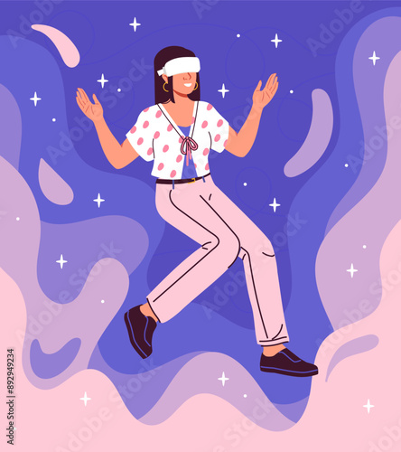 Augmented reality woman. Young girl wearing virtual reality glasses. Cyberspace and metaverse. Modern technologies and innovations. VR gadget and device. Flat vector illustration