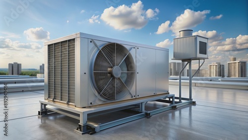 rendering of a condenser unit on the rooftop of an industrial plant, featuring a motor, pump photo