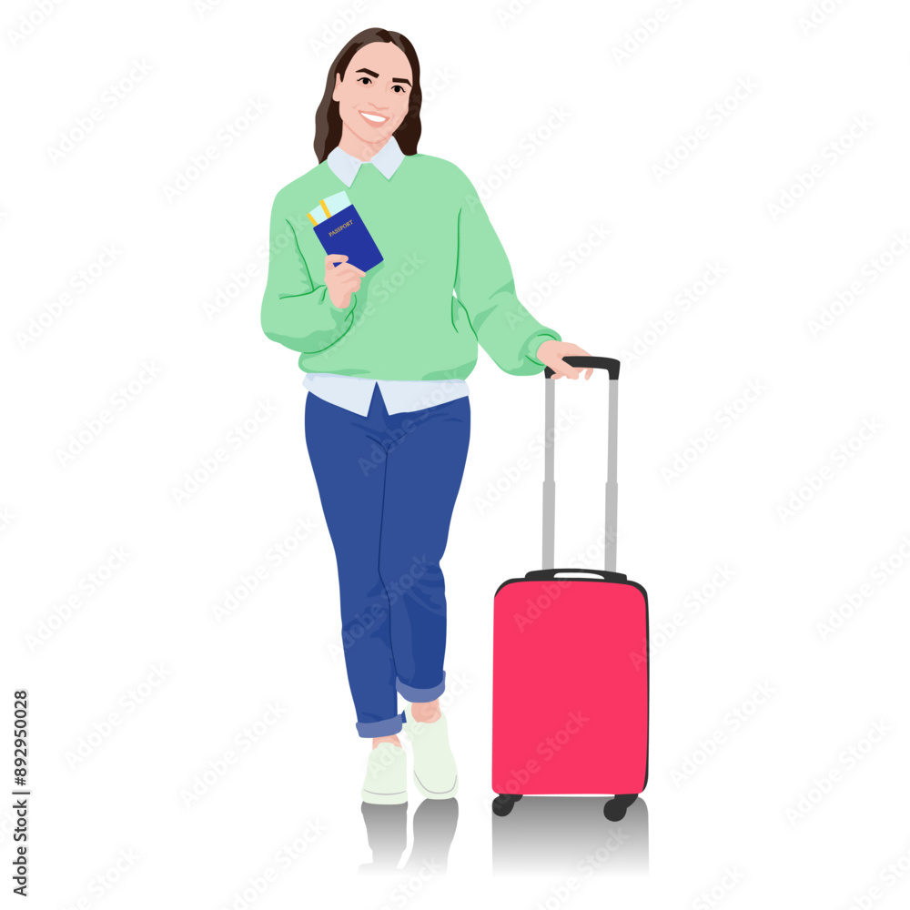 Young woman tourist with passport and tickets. Girl in casual clothes with a suitcase. Female traveler goes on a journey. Vector illustration isolated on white Young woman tourist with passport and tickets. Girl in casual clothes with a suitcase. Female traveler goes on a journey. Vector illustration isolated on white