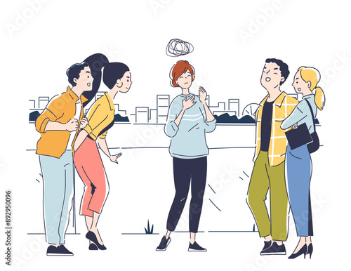 Bullying problem concept. Girl suffers from insults from classmates and fellow students. Negative feelings and emotions. Frustration and depression, loneliness. Linear vector illustration