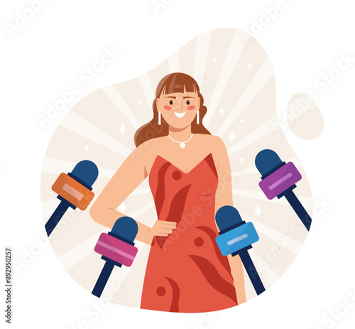 Celebrity interview concept. Woman in red dress near microphones. Popular personality answers questions from journalists. Mass media and journalism. Actress and singer. Flat vector illustration