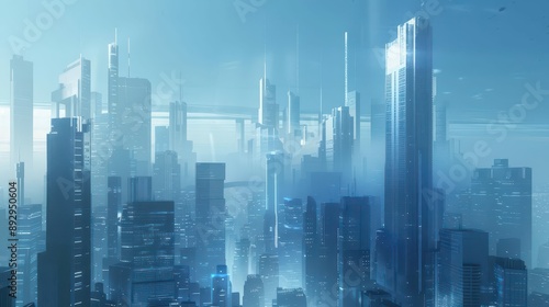 futuristic cityscape with sleek skyscrapers reflecting ethereal blue sky © Lucija