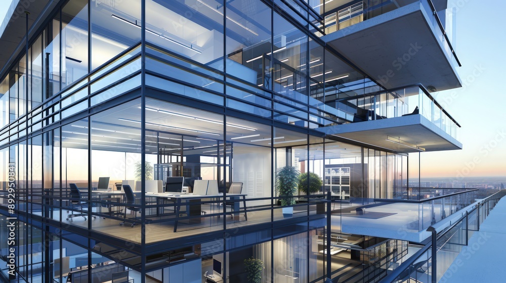 Two-story office building with sleek glass elements and industrial . Two-story office building with sleek glass elements and industrial .