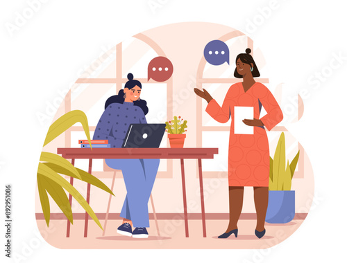 Communication between employees. Boss gives instructions to subordinate. Collaboration and cooperation, partnership. Colleagues working on common project or task. Flat vector illustration