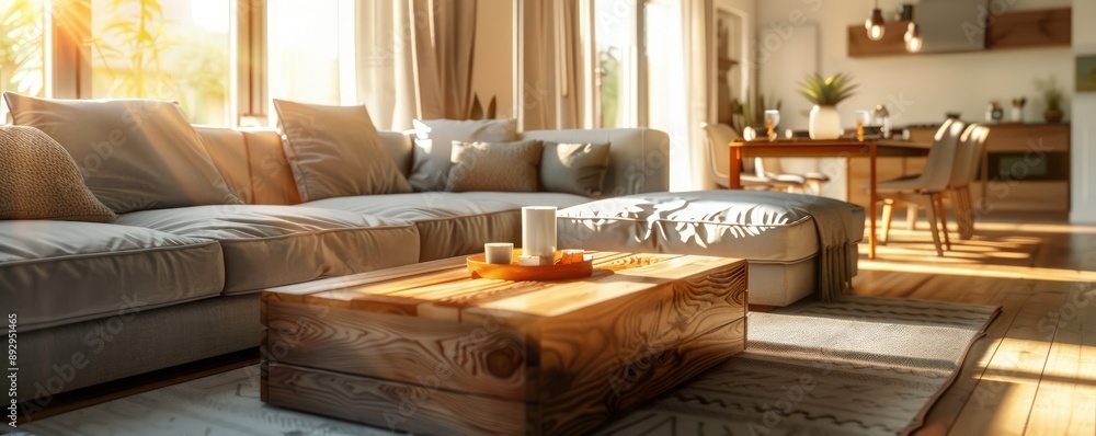Warm living room with a plush gray couch, a rustic wooden coffee table, and a sleek dining area, bathed in the soft glow of afternoon sunlight. Warm living room with a plush gray couch, a rustic wooden coffee table, and a sleek dining area, bathed in the soft glow of afternoon sunlight.