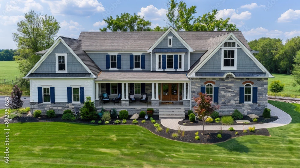 Wide-angle drone view of a luxury single-family home with a large porch, grey cladding, white stone walls, blue shutters, lush landscaping, green grass, and trees. Wide-angle drone view of a luxury single-family home with a large porch, grey cladding, white stone walls, blue shutters, lush landscaping, green grass, and trees.
