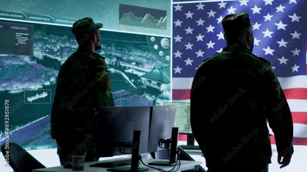 US army official working on ensuring servers protection and state secrets, protecting important hybrid warfare data in high tech agency office. Military soldier supervises hacking activity. Camera A.